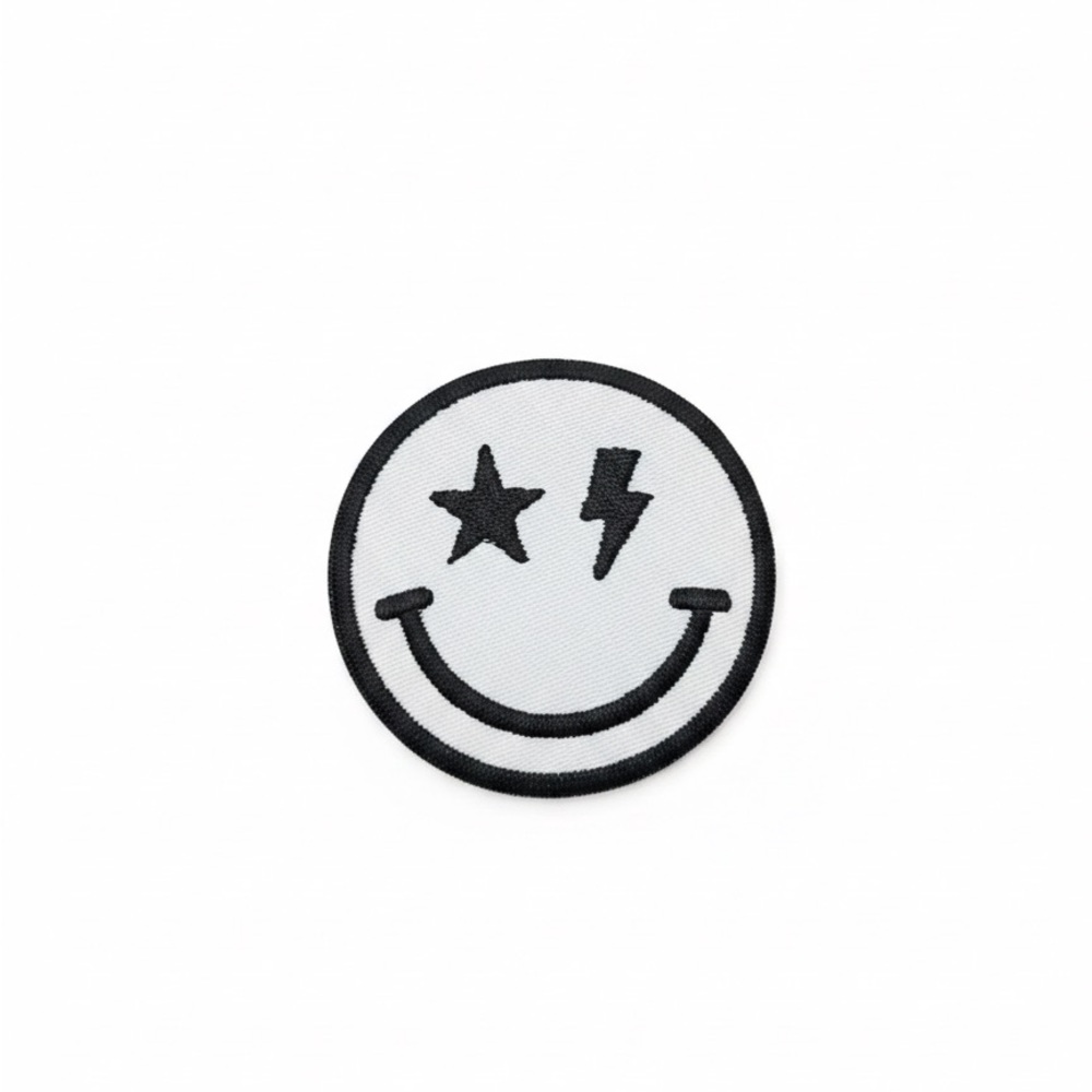 Smiley Face Iron On Patch - Black and White